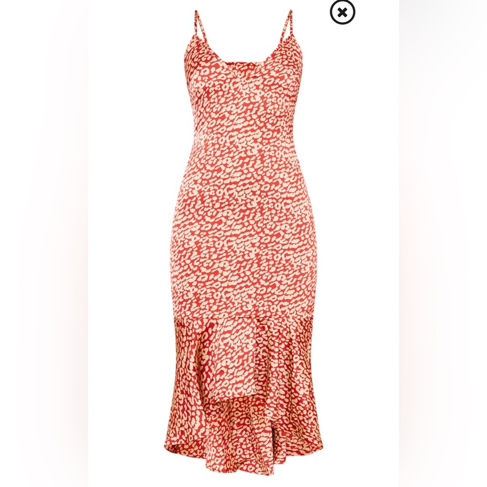 Red & Tan Leopard Silk Satin Dress High Low